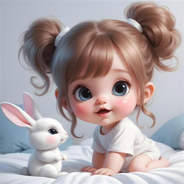 تصویر باکیفیت نوزاد دختر و خرگوش سفید برای چاپ روی روتختی نوزاد، پرده اتاق کودک و پوستر دیواری ملایم و آرامش‌بخش مهدکودک