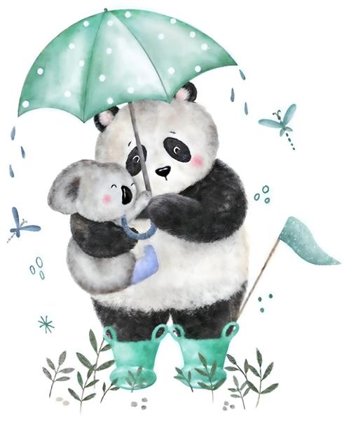 طرح لوکس آبرنگی پاندا و کوالا زیر چتر برای پوستر دیواری اتاق کودک، مهدکودک و چاپ روی پارچه روتختی و کوسن