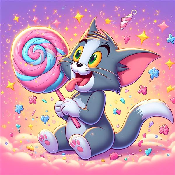 تصویر فانتزی تام و آبنبات رنگی برای چاپ روی روتختی کودک، پرده اتاق خواب و پوستر دیواری سه بعدی اتاق کودک با تم صورتی و ستاره‌های درخشان