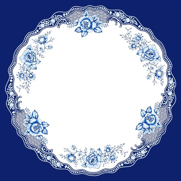 طرح دوربری شده بشقاب چینی با گلهای رز آبی و لبه توری برای چاپ ظروف سنتی