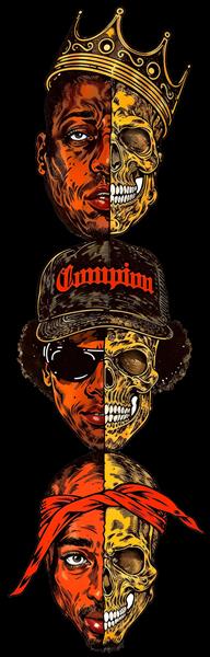 طرح گرافیکی چهره مشاهیر رپ (توپاک، ایزی ای، نوتوریوس بی آی جی) و اسکلت برای پوستر دیواری اتاق گیمینگ