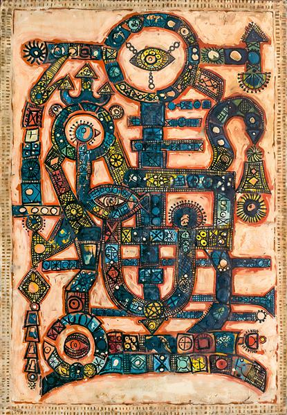 تابلو نقاشی انتزاعی سبک سورئال با نمادهای چشم و اشکال هندسی ویژه پوستر دیواری آتلیه و فضاهای مدرن