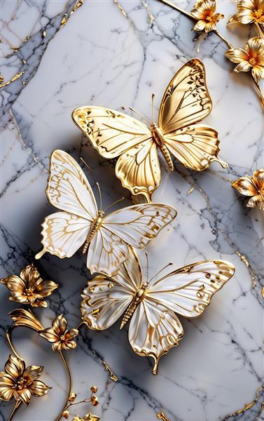 پوستر دیواری مجلل پروانه‌های فلزی طلایی روی سنگ مرمر سفید ویژه دکوراسیون داخلی اداری و هتل