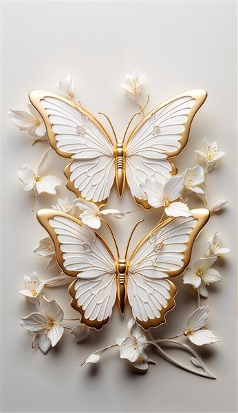 پوستر دیواری ظریف پروانه‌های جواهری سفید و طلایی در میان شکوفه‌ها مناسب اتاق نوزاد و مهدکودک