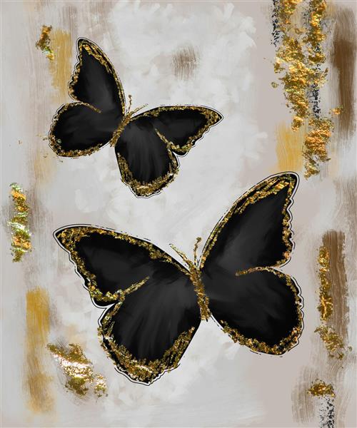 نقاشی مدرن پروانه‌های سیاه با لبه‌های طلایی اکلیلی برای چاپ روی شال، روسری و تابلوهای هنری لابی