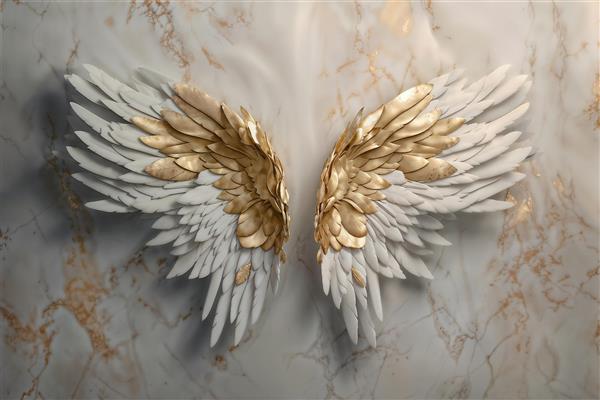 طرح سه بعدی بال فرشته سفید و طلایی روی سنگ مرمر برای پشت کاناپه و دکوراسیون آرایشگاه‌های زنانه