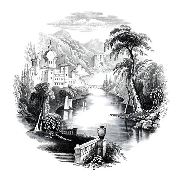 قاب دکوراتیو دایره‌ای با طرح عمارت اشرافی و رودخانه در دل کوهستان ویژه اتاق مدیریت و سالن کنفرانس