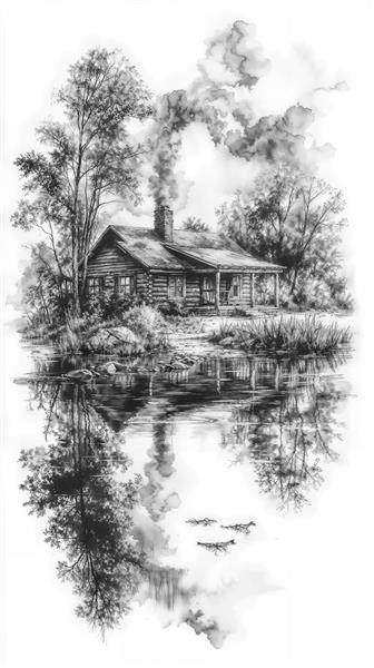 منظره کلبه جنگلی و انعکاس در دریاچه به سبک نقاشی سیاه و سفید برای پوستر دیواری ویلا و اتاق خواب