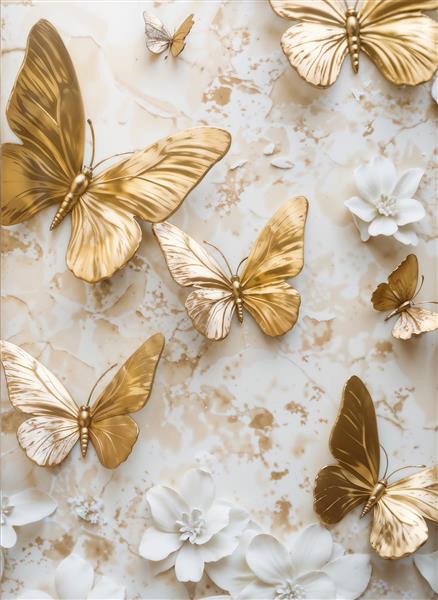 پوستر سه بعدی لاکچری پروانه‌های طلایی روی سنگ مرمر برای پشت میز پذیرایی و لابی‌های مجلل