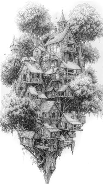 طراحی فانتزی خانه‌های درختی روستایی به سبک مدادی مناسب کتاب کودک و پوستر دیواری اتاق کودک
