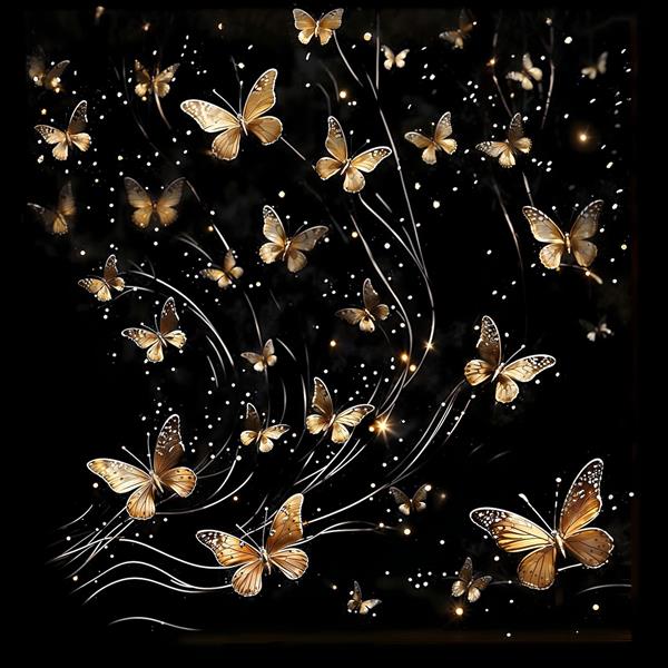 تصویر رویایی پروانه‌های درخشان طلایی در شب مناسب برای روتختی بزرگسال و پوستر دیواری اتاق مستر