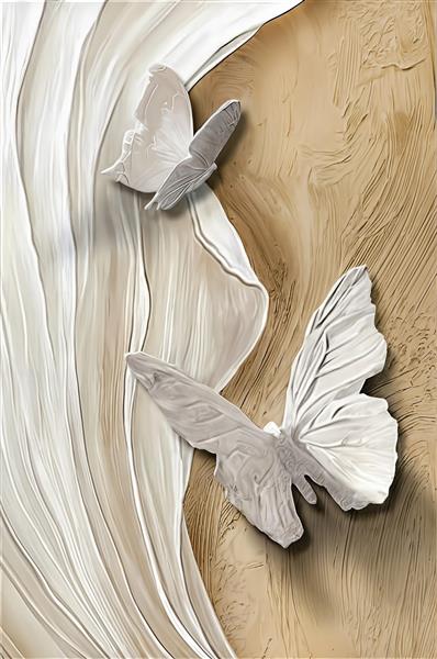 پوستر دیواری سه بعدی پروانه‌های سفید برجسته با بافت کرم و شنی ویژه اتاق خواب و سالن‌های زیبایی