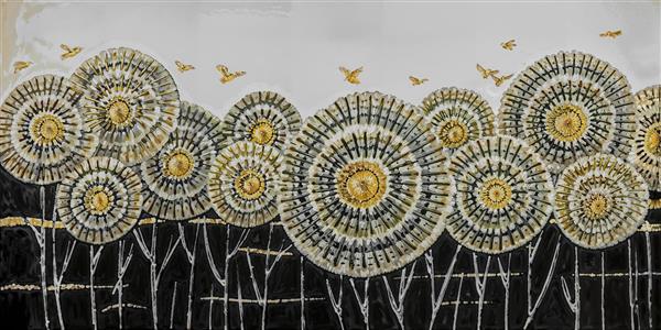 طرح انتزاعی قاصدک‌های طلایی و مدرن بر روی پس‌زمینه مشکی مناسب پوستر دیواری پذیرایی و لابی هتل