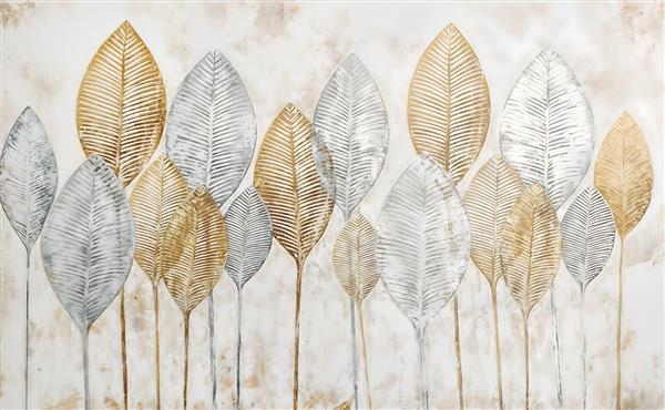 طرح هنری برگ‌های طلایی و نقره‌ای کشیده مناسب برای پوستر دیواری ورودی منزل و راهروهای مدرن