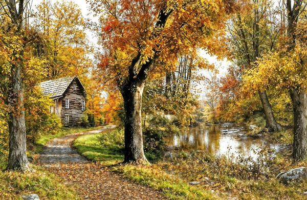 منظره رویایی کلبه جنگلی و رودخانه در فصل پاییز مناسب برای پوستر دیواری پاناروما و سالن‌های بزرگ