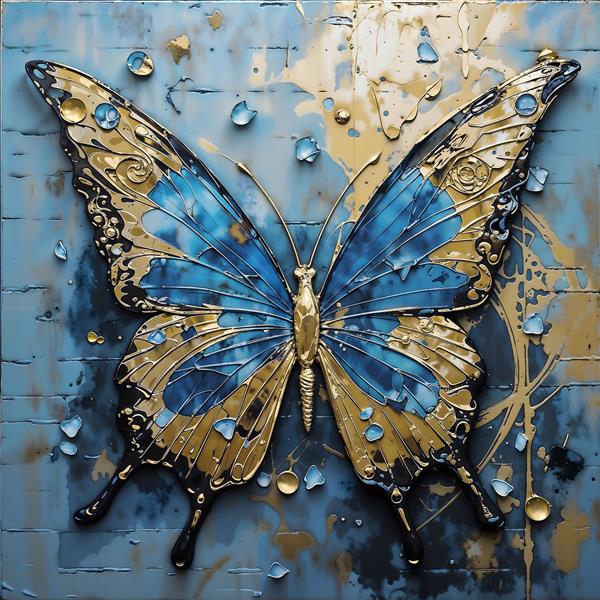 تصویر هنری پروانه آبی و طلایی با بافت برجسته مناسب برای پوستر دیواری سه بعدی و دکور کافه‌های مدرن