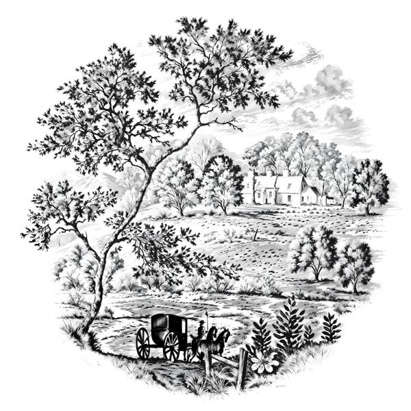 طرح کلاسیک منظره روستایی و درشکه به سبک سیاه و سفید ویژه چاپ روی ظروف تزیینی و کاغذ دیواری قدیمی