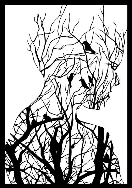 پوستر دیواری طرح درختی به شکل چهره انسان در سبک سیلوئت سیاه و سفید مناسب برای فضاهای هنری و کافه