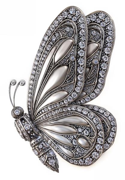 پوستر دیواری پروانه نقره‌ای جواهرنشان با نگین‌های درخشان مناسب برای دکوراسیون مجلل و مزون‌های لوکس