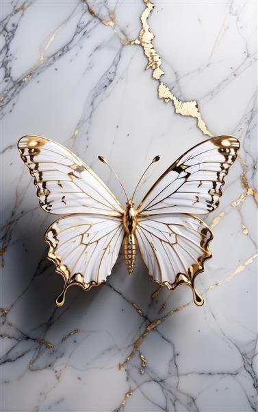 طرح لوکس پروانه سفید و طلایی روی زمینه مرمر مناسب برای پوستر دیواری پشت تخت خواب و لابی