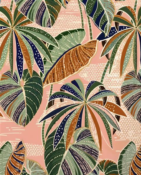 طرح شاد و فانتزی برگ‌های استوایی رنگارنگ ویژه کاغذ دیواری اتاق خواب نوجوان و پوستر دیواری مهدکودک