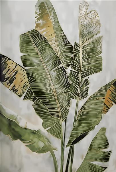 پوستر دیواری برگ انجیری و موز با رگه‌های طلایی لوکس مناسب برای دکوراسیون پشت تلویزیون و لابی هتل