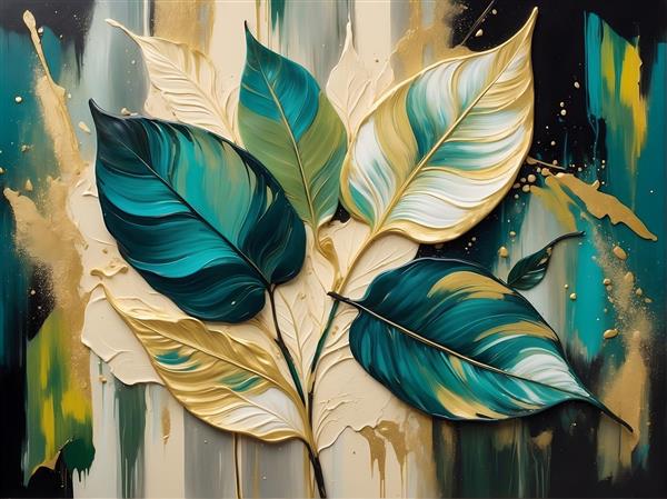 پوستر سه بعدی طرح برگ‌های برجسته با رنگ‌های فیروزه‌ای و طلایی برای دیوار پذیرایی و اتاق کنفرانس