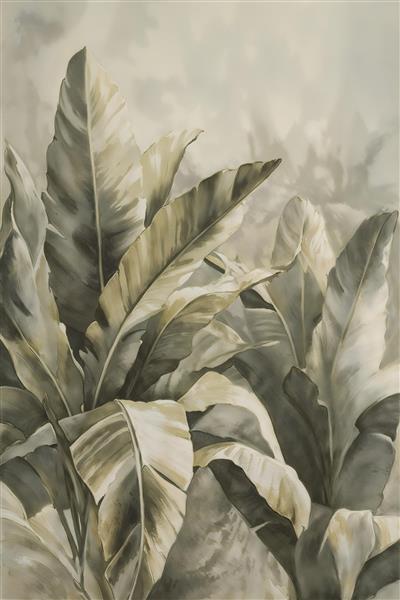 پوستر دیواری عمودی با طرح شاخ و برگ گرمسیری در طیف رنگی خنثی و خاکستری برای ویلا و اتاق نشیمن