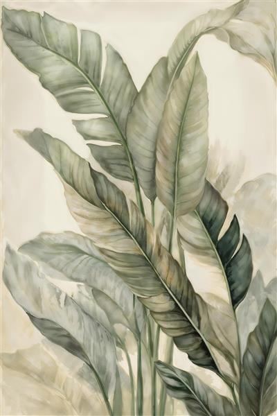 طرح نقاشی آبرنگی برگ‌های موز بزرگ با تناژ سبز زیتونی ملایم ویژه کاغذ دیواری پذیرایی و تالار لابی