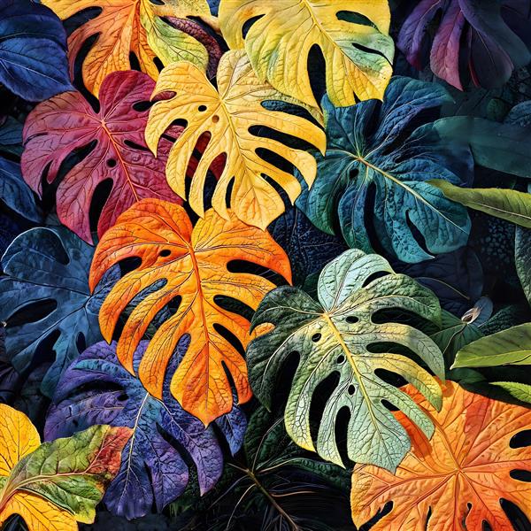 پوستر دیواری طرح برگ انجیری (مونسترا) با رنگ‌های فانتزی و زنده برای دکوراسیون مدرن کافه و اتاق جوان