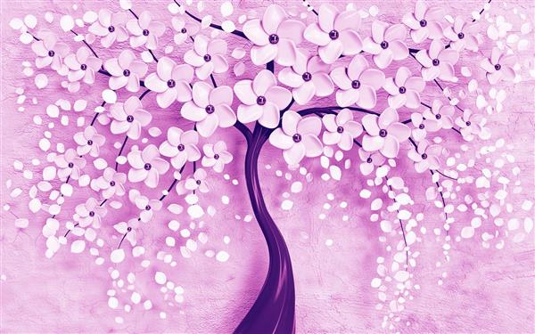 کاغذ دیواری سه بعدی درخت شکوفه بنفش و ارغوانی خیره کننده برای دکوراسیون تالار پذیرایی و اتاق خواب مستر