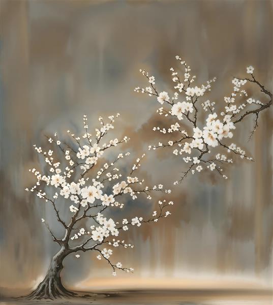نقاشی به سبک خاور دور از درخت شکوفه در زمینه خاکی برای پوستر دیواری راهرو و دکوراسیون مینیمال