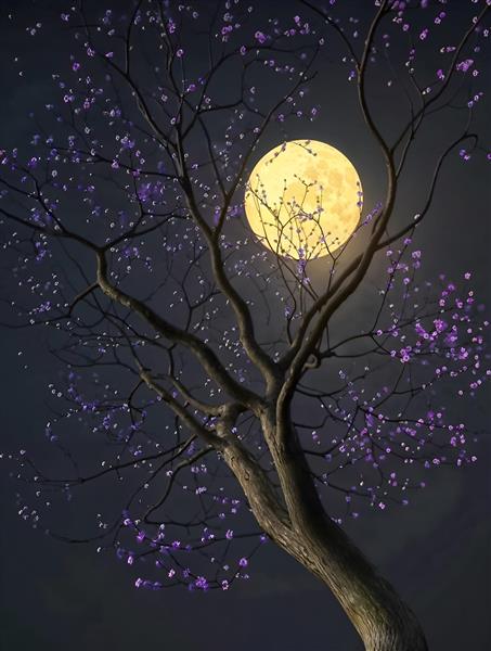 تصویر هنری درخت با گلهای بنفش زیر نور ماه کامل مناسب پوستر دیواری اتاق خواب و تابلو دکوراتیو آرامش‌بخش