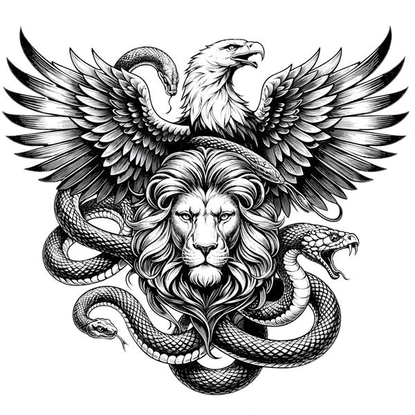 وکتور سیاه و سفید نبرد شیر، عقاب و مار برای چاپ روی تی‌شرت و پوستر دیواری سه بعدی اتاق گیمینگ