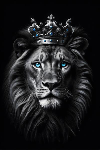 پرتره باشکوه شیر با تاج پادشاهی و چشمان آبی خیره‌کننده مناسب پوستر دیواری سالن کنفرانس و لابی مجلل