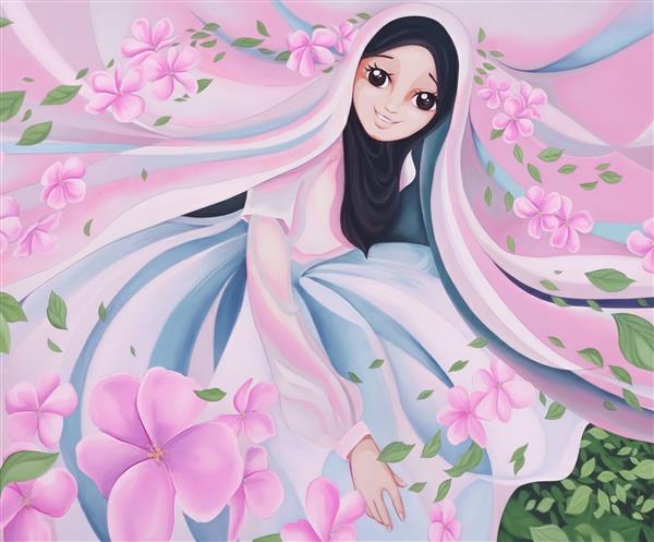 نقاشی دیجیتال دختر محجبه میان گلهای صورتی برای چاپ روی دفترچه، تابلو اتاق دخترانه و پوستر دیواری مذهبی