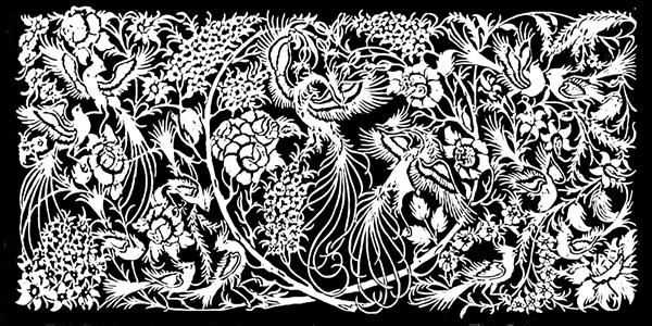 پترن اسلیمی سفید با طرح مرغ و گل در زمینه مشکی برای پوستر دیواری پذیرایی کلاسیک و کاغذ دیواری سنتی