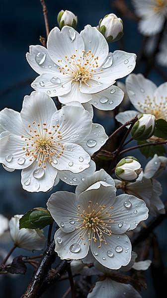 نمای نزدیک شکوفه‌های سفید با قطرات شبنم ویژه چاپ روی ظروف چینی، کاشی تزئینی و پوستر دیواری سرویس لوکس