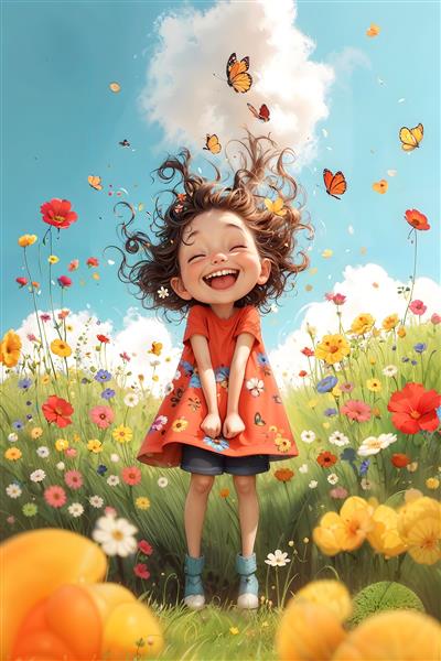 تصویر فانتزی دختر بچه خندان در دشت گل و پروانه‌ها ویژه پوستر دیواری اتاق کودک، مهدکودک و جلد دفتر