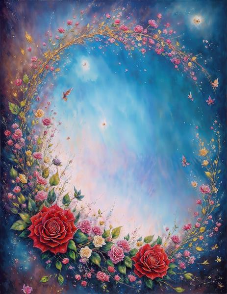 حلقه گل رز قرمز و صورتی در زمینه آسمان لاجوردی مناسب برای طراحی قاب دکوراتیو و پوستر دیواری لابی هتل