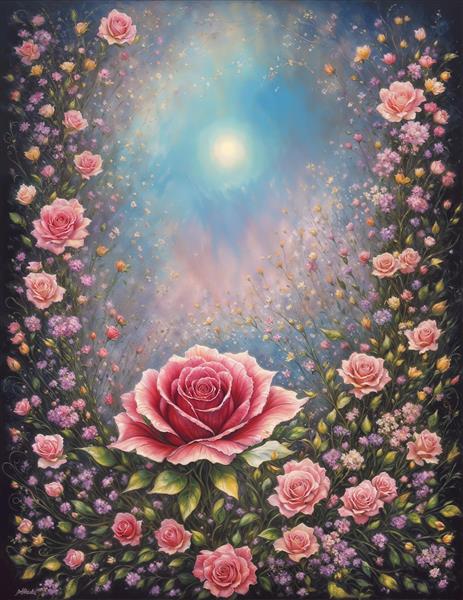 طرح گرافیکی گلهای صورتی درخشان در شب با نور ماه برای چاپ پرده تصویری، روتختی و پوستر دیواری اتاق خواب