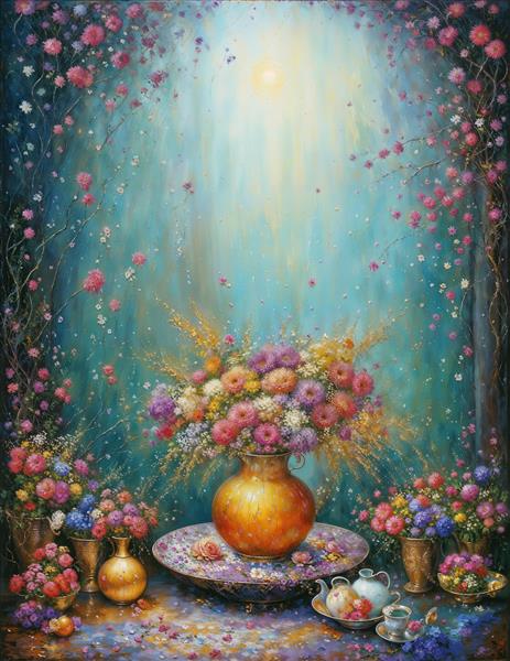 پوستر دیواری کلاسیک گلدان گل‌های رنگارنگ با نورپردازی رویایی برای پذیرایی و تالار تشریفات