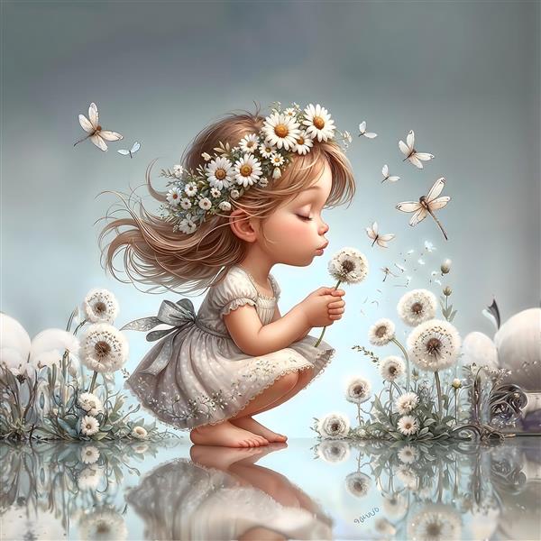 تصویر فانتزی دختربچه با تاج گل در حال فوت کردن قاصدک ویژه کاغذ دیواری اتاق کودک و نوزاد