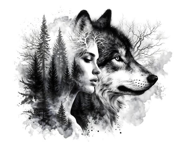 پوستر دیواری هنری تلفیق چهره زن، گرگ و جنگل کاج سیاه و سفید برای کافه و دکوراسیون خاص