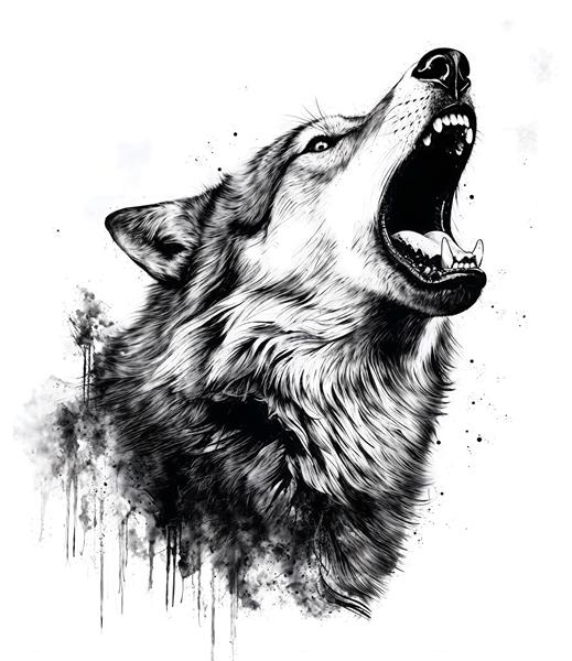 تصویر گرافیکی سیاه و سفید سر گرگ در حال زوزه کشیدن مناسب پوستر دیواری اتاق پسرانه و باشگاه