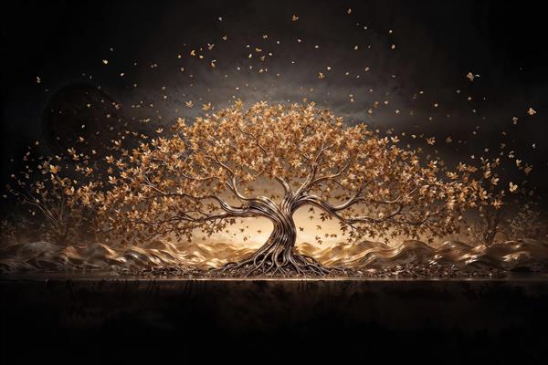 پوستر دیواری منظره درخت طلایی درخشان با ذرات معلق لوکس برای پشت تلویزیون و لابی هتل