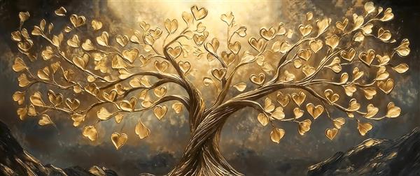 طرح هنری درخت طلایی با برگ‌های قلبی شکل روی سنگچین ویژه پوستر دیواری سه بعدی پشت تخت و پذیرایی