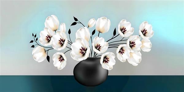 پوستر دیواری مینیمال گلدان گل‌های لاله سفید در پس‌زمینه ملایم برای دکوراسیون مدرن و دیوارهای باریک