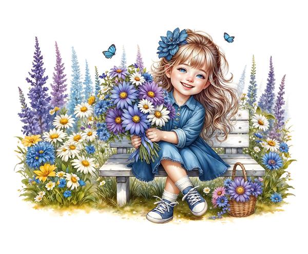 تصویر کارتونی دختربچه خندان با سبد گل روی نیمکت ویژه کاغذ دیواری اتاق کودک و چاپ روی روتختی