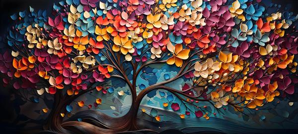 پوستر دیواری سه بعدی منظره درخت فانتزی با برگ‌های پاستلی و شاد برای دکوراسیون داخلی ویلا و تالار